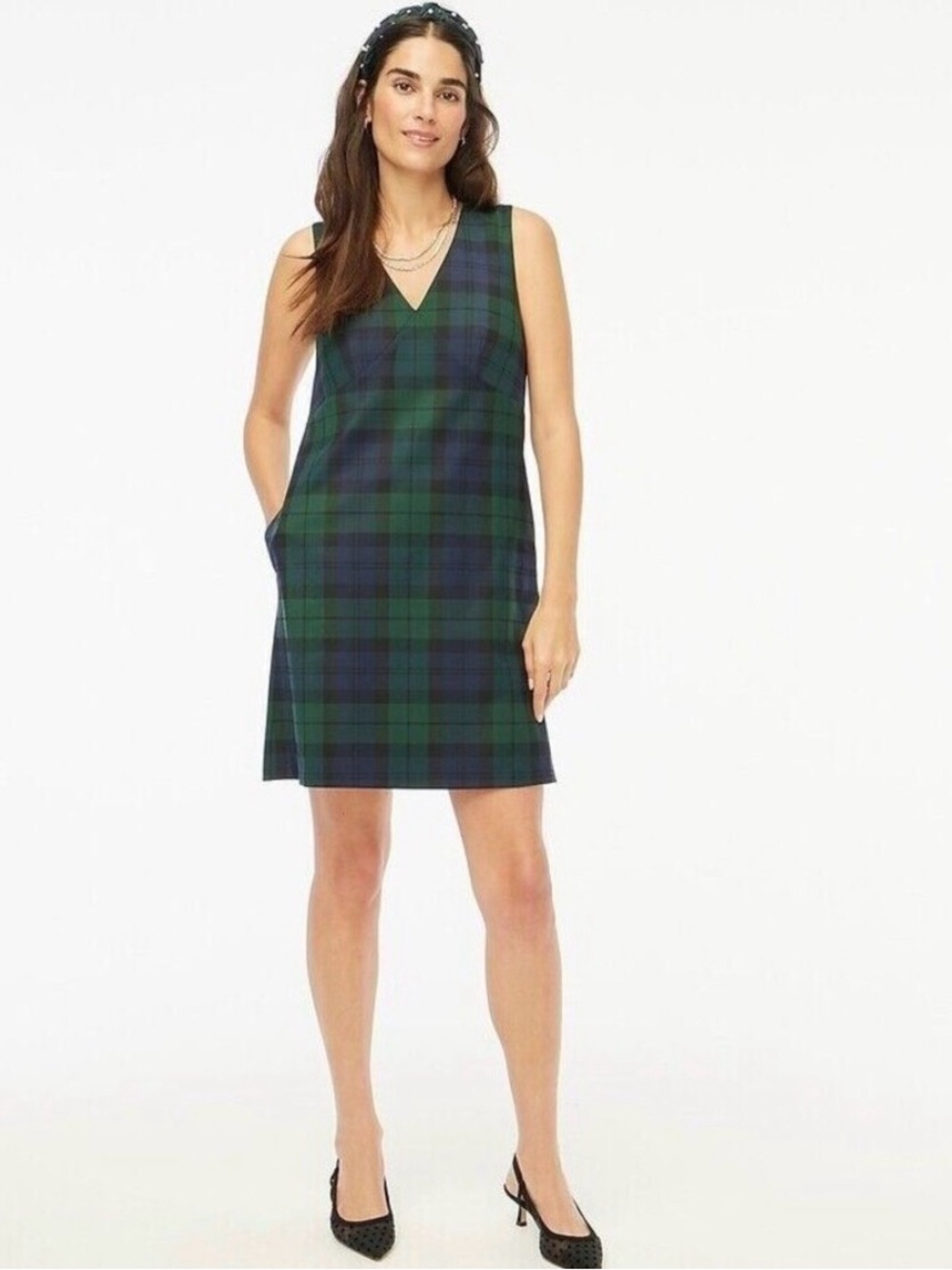 NWT- J. Crew Green & Navy Plaid Sleeveless V-Neck Shift Dress